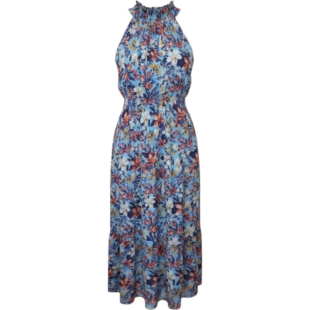 NWT Taylor Womens Blue Floral Chiffon Maxi Dress Smocked Halter Neck Size 8